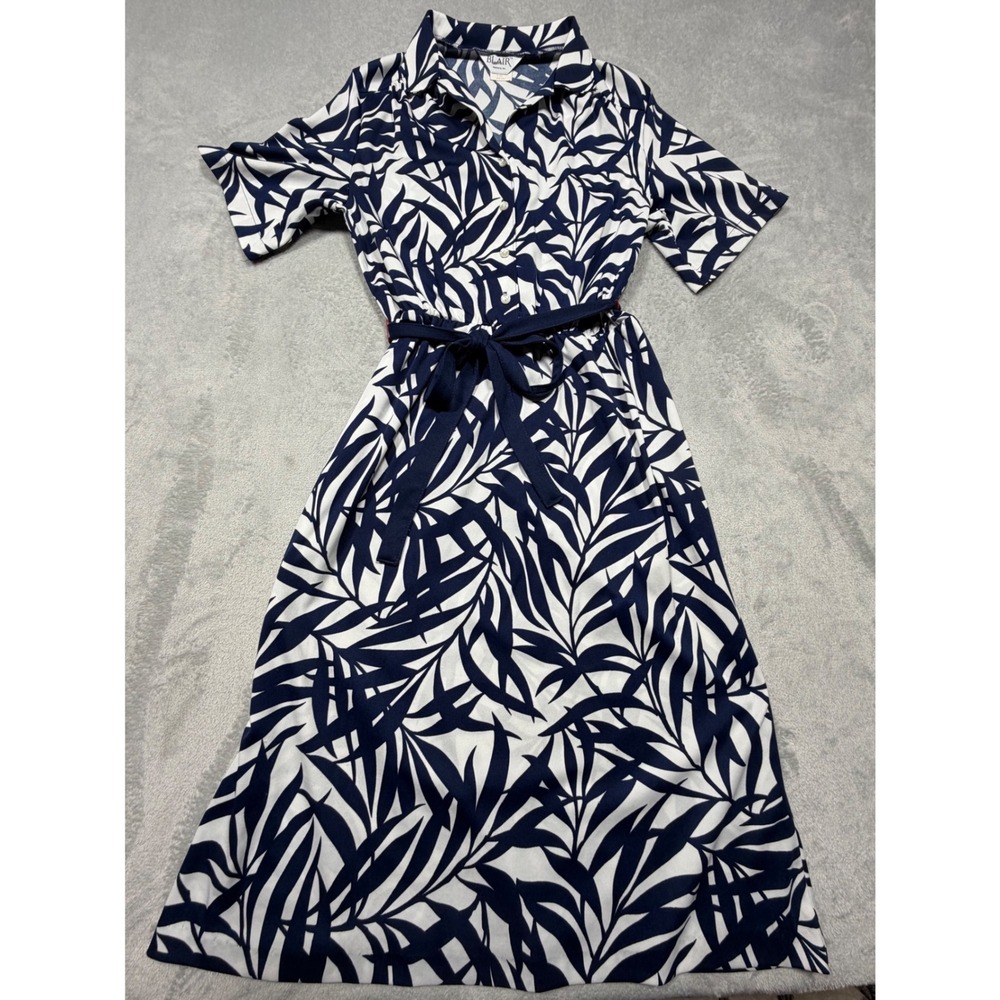 Vintage 80s Navy Blue White Leaf Print Midi Shirt Dress Size M 14 Coastal USA